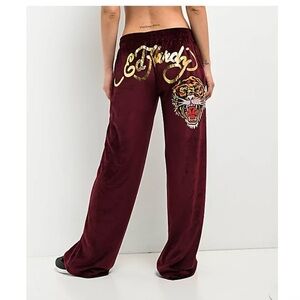 Ed Hardy Retro Tiger Burgundy Velour Track Pants Women’s Size XL
